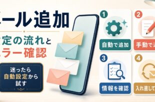 メールアカウント追加の流れとエラー確認の要点を示す図解