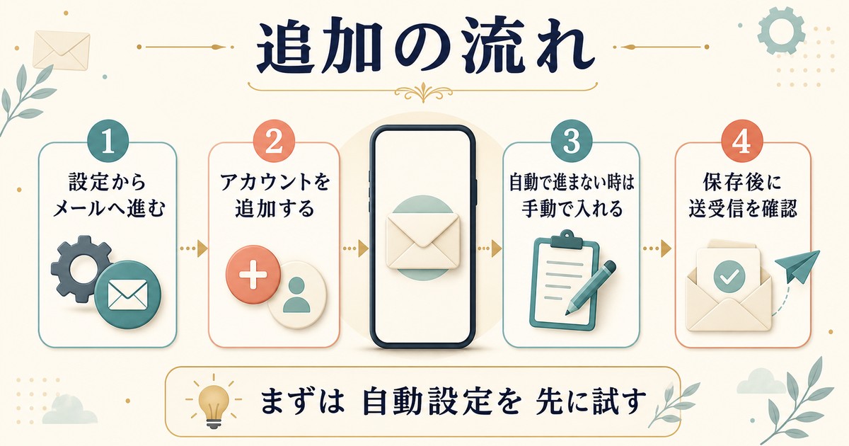 メールアカウント追加の流れを4段階で整理した図解
