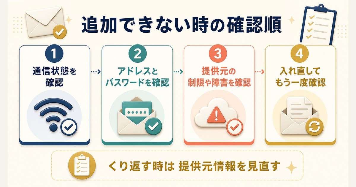 メールアカウントを追加できない時の確認順を示す図解