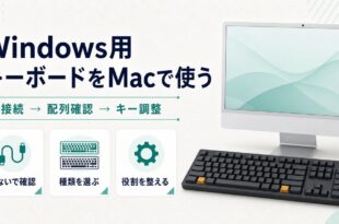 Windows用キーボードをMacで使う時に接続、配列確認、キー調整の順で進めるアイキャッチ