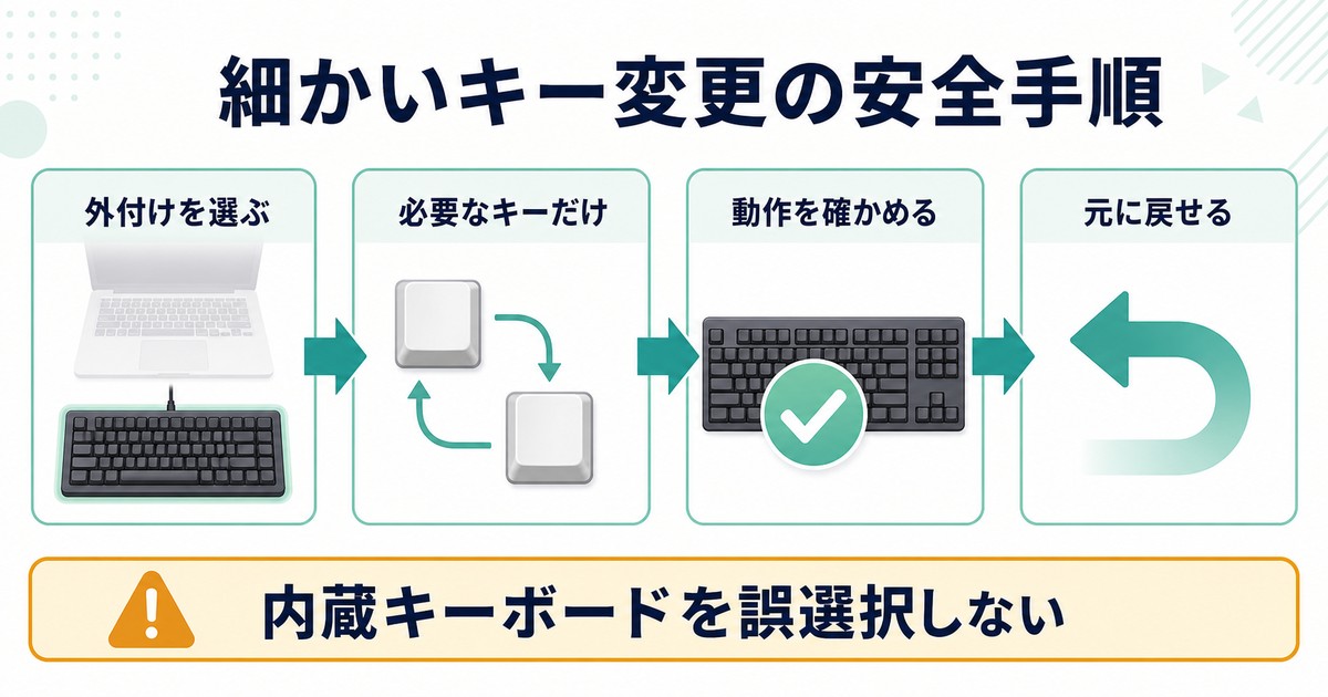 外付けキーボードを選び必要なキーだけ変更して動作確認し元に戻せるようにする図解
