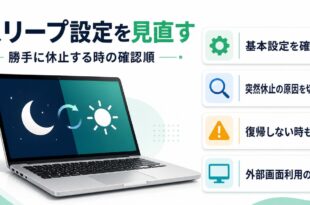 スリープ設定の見直しと突然休止や復帰不良の確認順を整理したアイキャッチ
