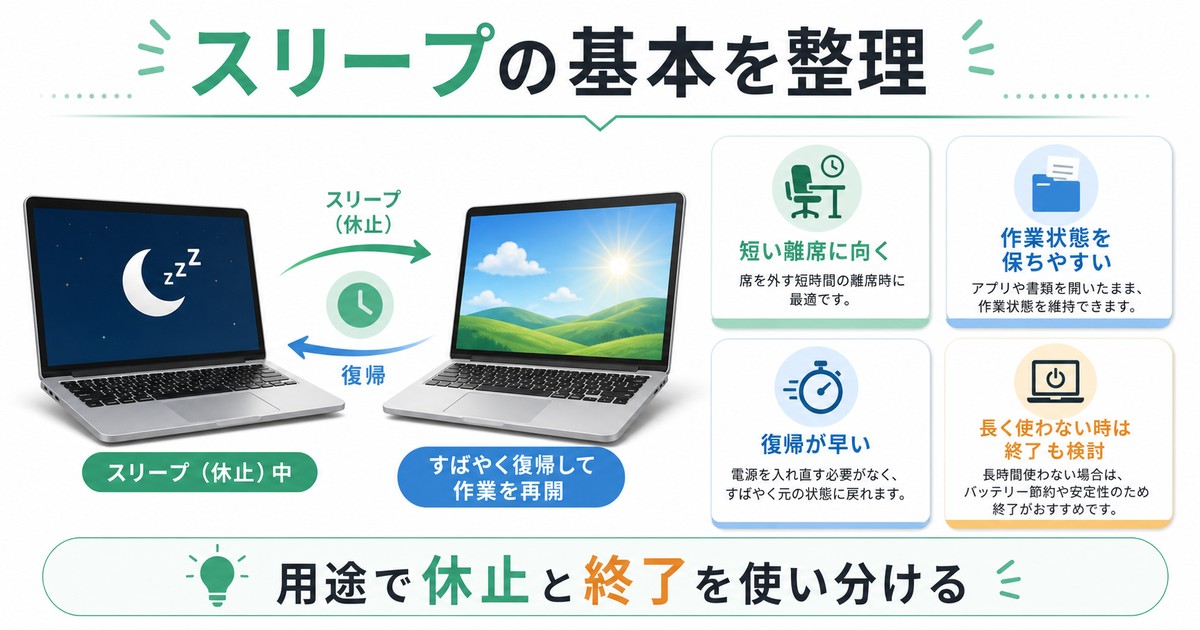 短い離席向きで作業状態を保ちやすく復帰が早いスリープの基本を整理した図解