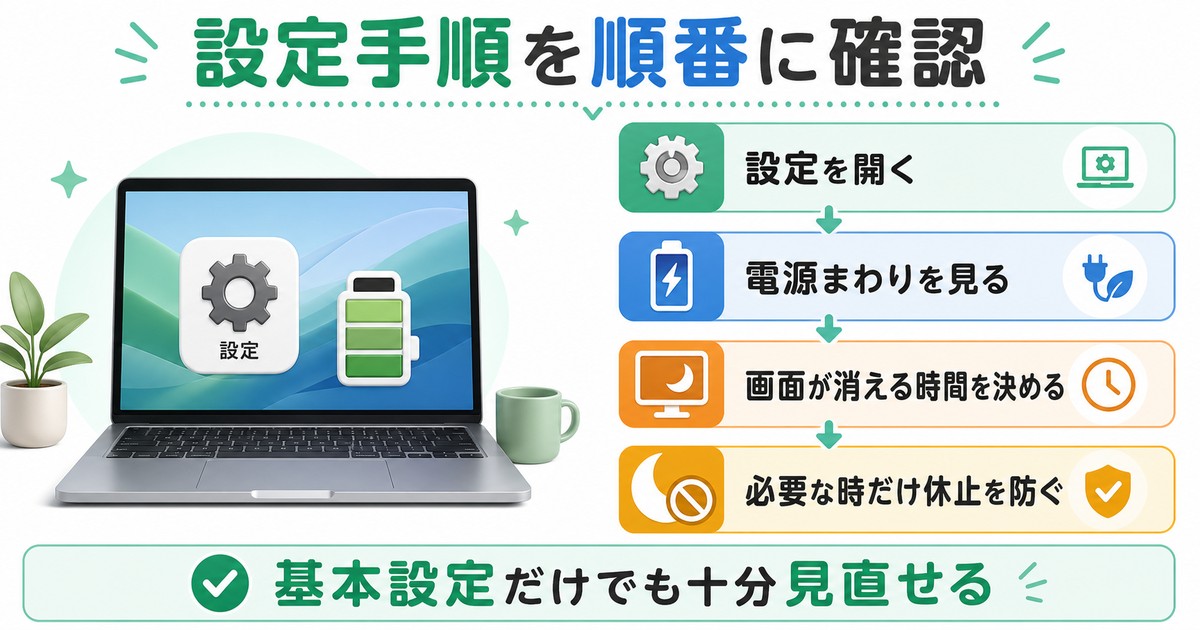 設定を開き電源まわりを見て画面が消える時間を決め必要な時だけ休止を防ぐ図解