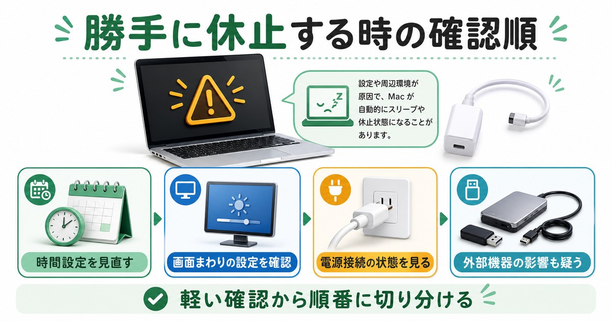 時間設定や画面まわりや電源接続や外部機器の影響を順に切り分ける図解