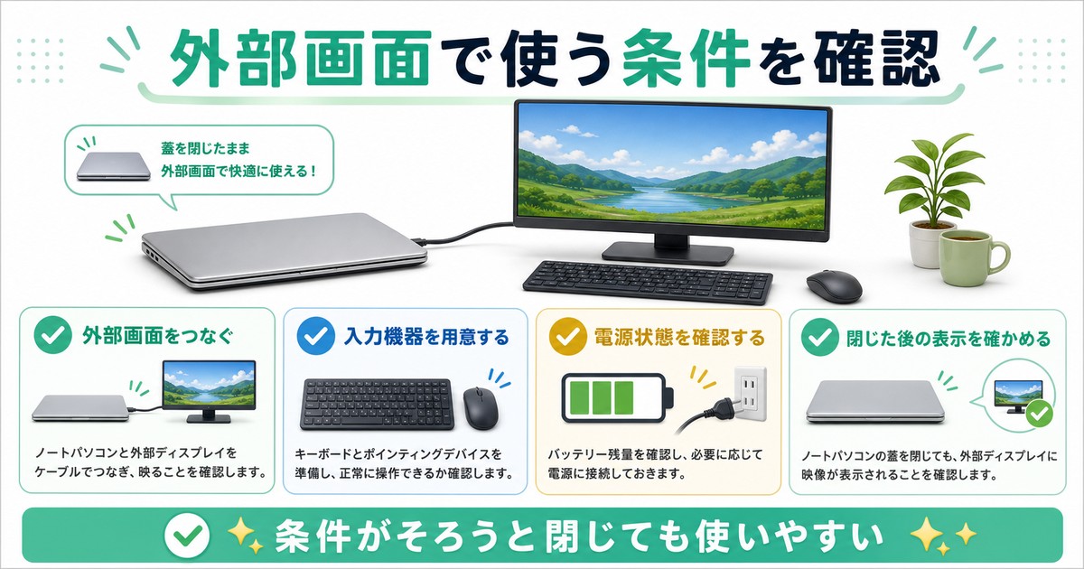 外部画面接続、入力機器、電源状態、閉じた後の表示確認を整理した図解