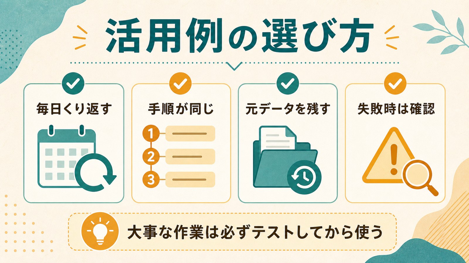 毎日くり返す作業や元データ保護など自動化活用例の選び方を整理した図解