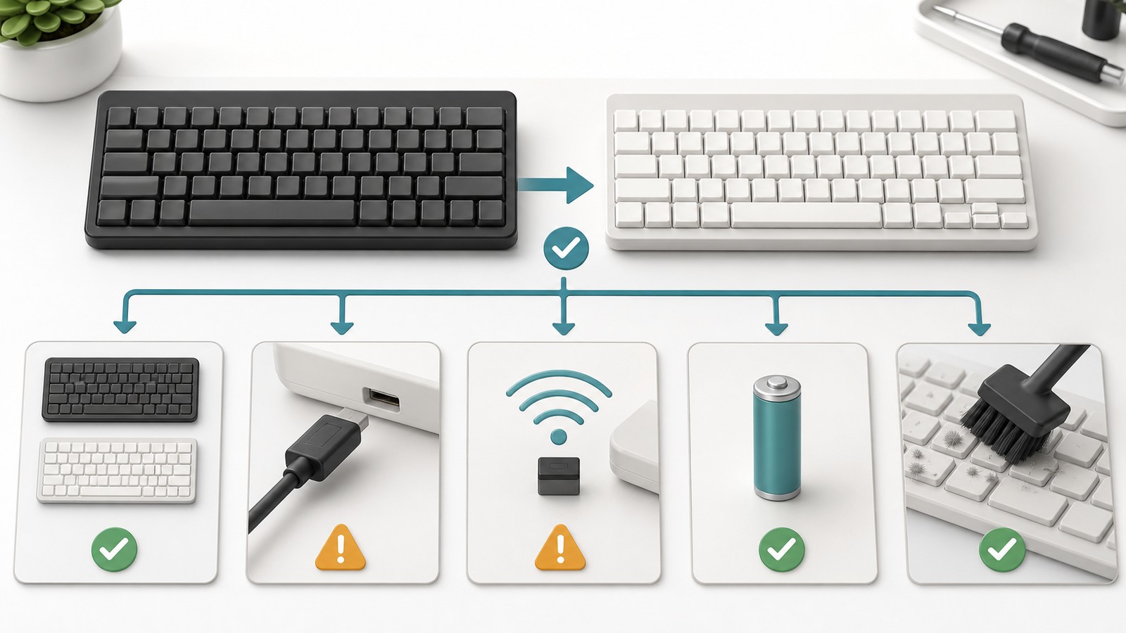 別のキーボード、ケーブル、無線接続、電池、掃除でキーボード本体の故障を確認する図解