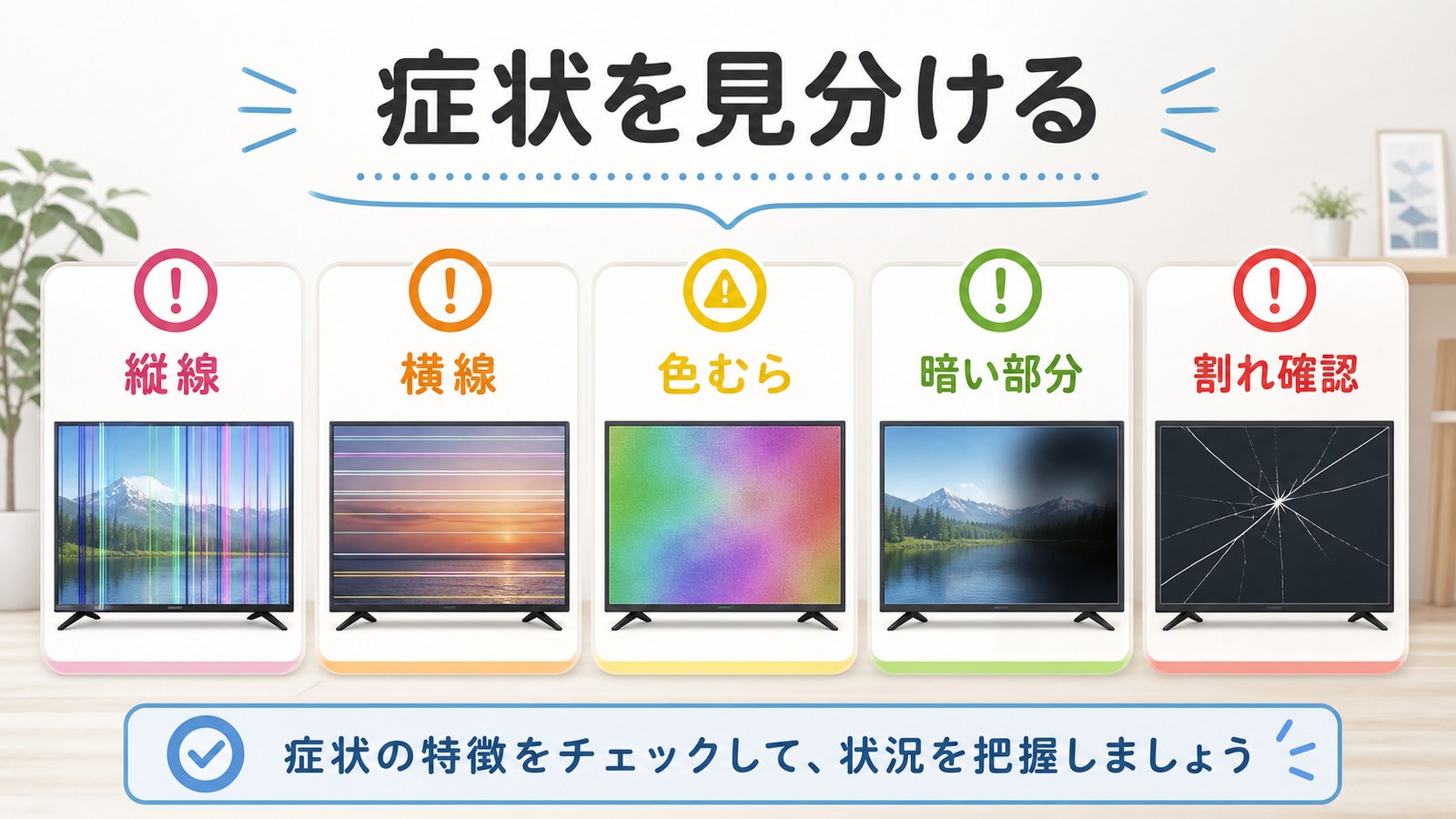 テレビ画面の縦線横線色むら暗い部分割れ確認を症状別に整理した図解