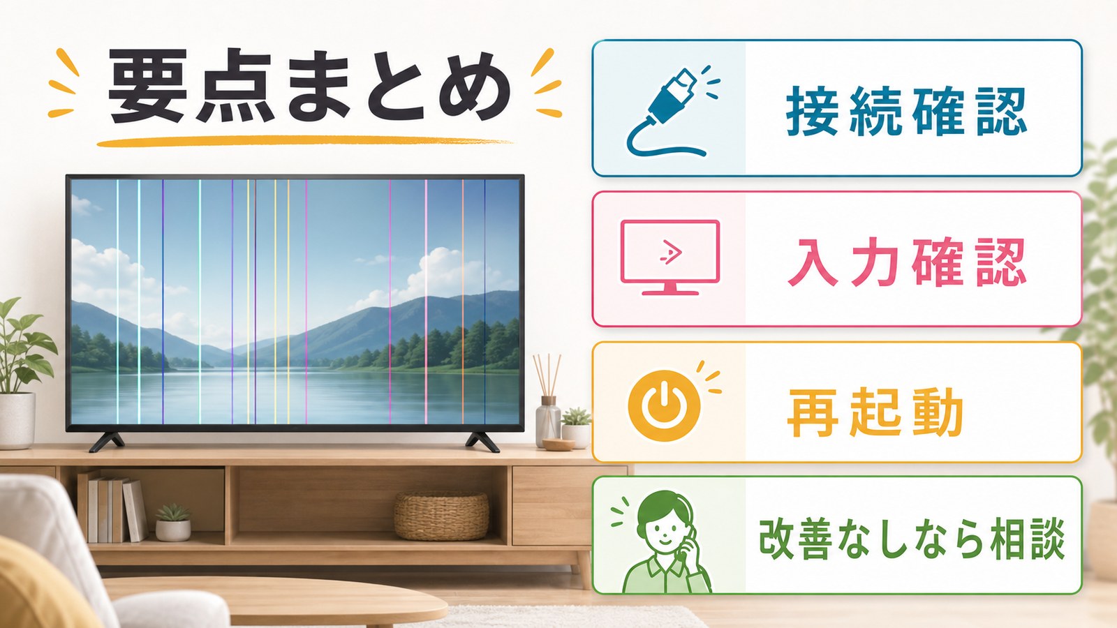 テレビ画面の色線対策を接続確認入力確認再起動改善なしなら相談でまとめた図解