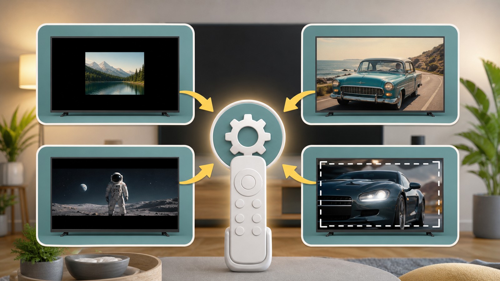 小さい表示、映画の黒帯、拡大したい場合、外部機器の画面ずれをシーン別に整理した図解