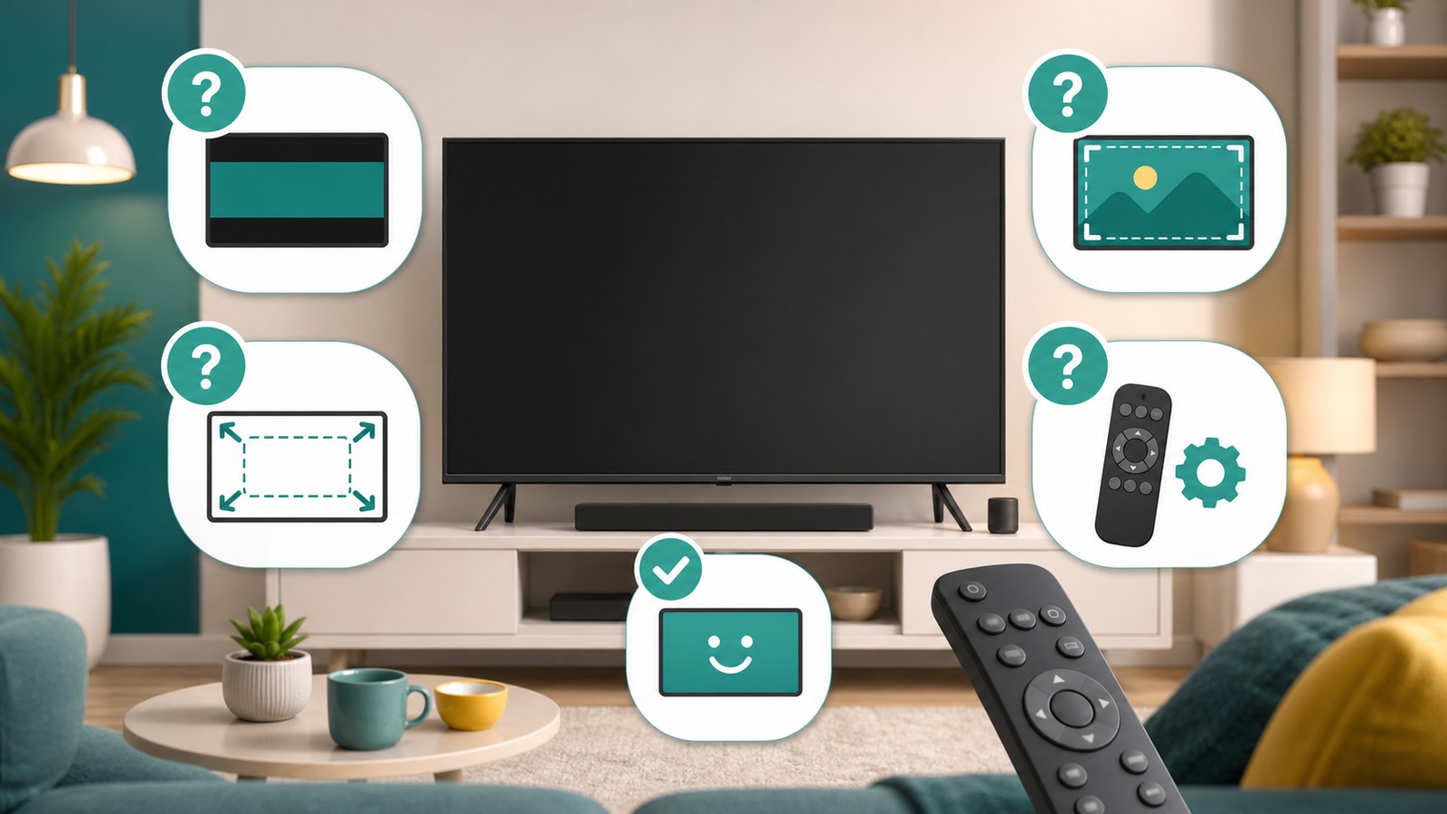 テレビ画面が小さい、黒帯が出る、ズームや画面モードを確認するFAQの図解