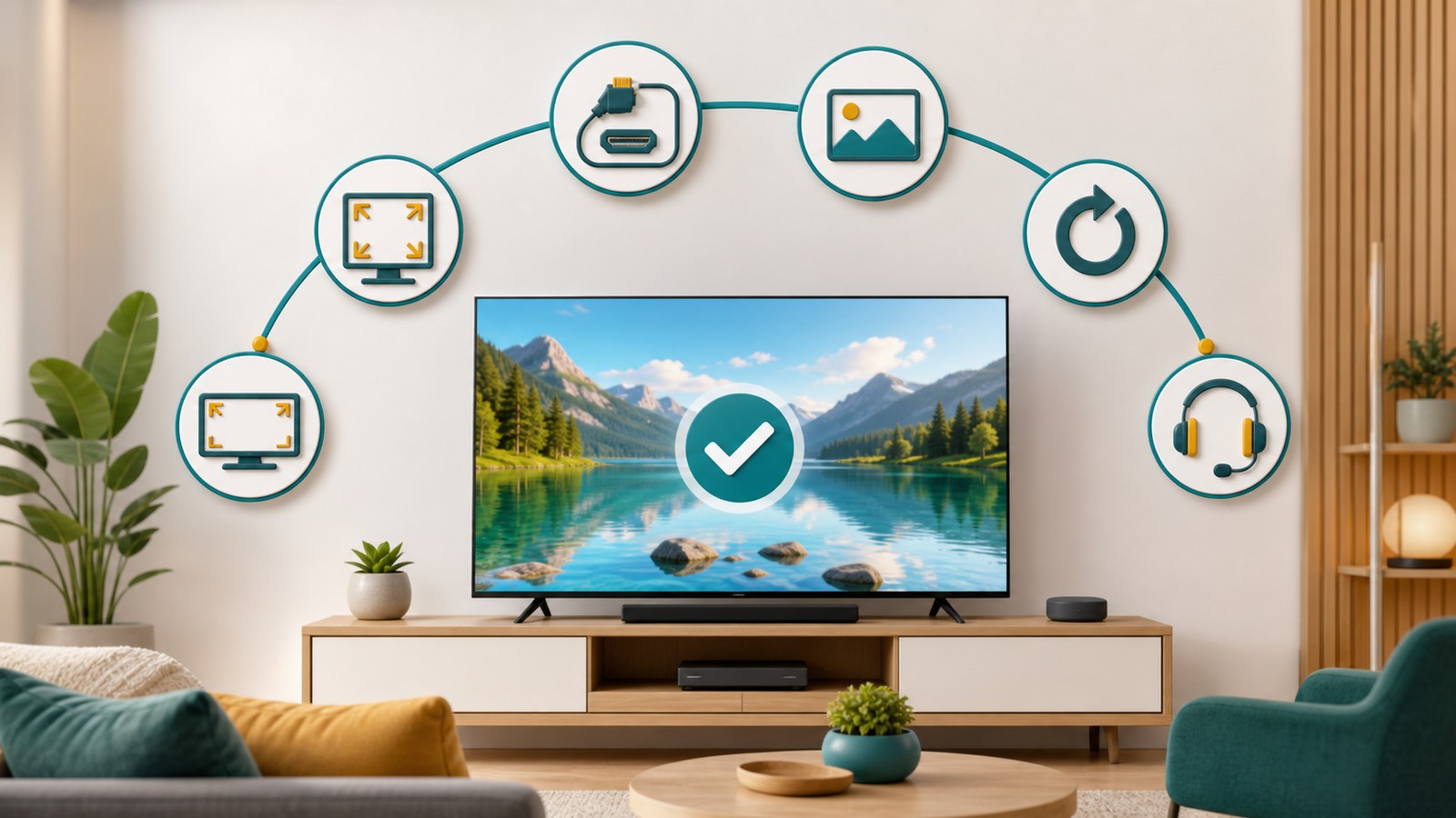 画面モード、ズーム、外部入力、映像比率、再起動の順に確認するまとめ図解