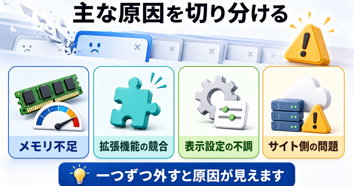 Chromeタブがクラッシュする原因を切り分ける情報画像