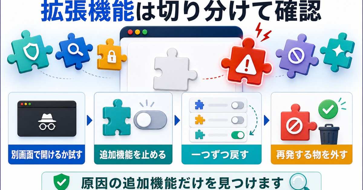 Chrome拡張機能の競合を切り分ける手順をまとめた情報画像