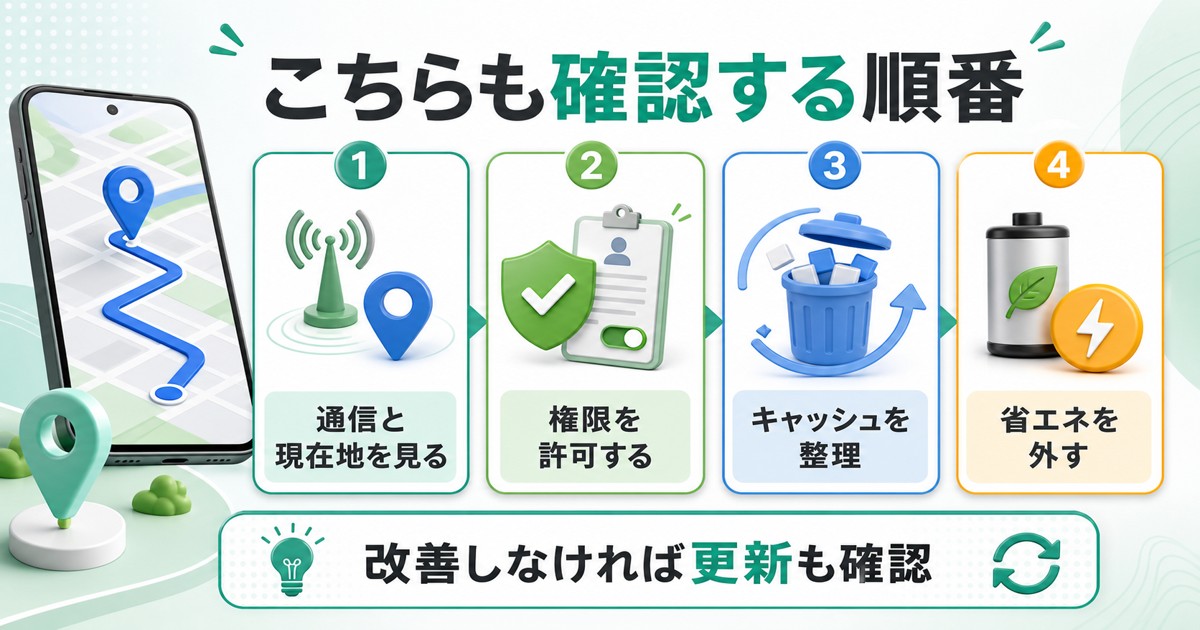 通信と現在地、権限、キャッシュ、省エネ設定を確認する図解