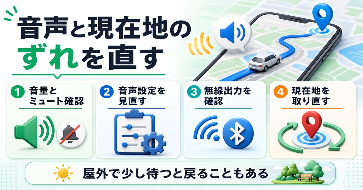 ナビ音声と現在地のずれを確認する図解