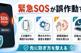 iPhoneの緊急SOSが誤作動する時に設定確認、ボタン誤操作防止、発信後の対応を順番に見るアイキャッチ