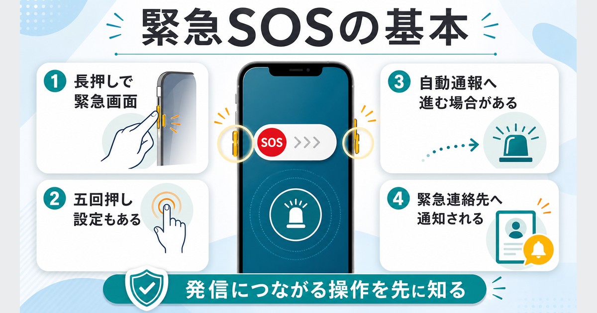 長押しや五回押しで緊急通報画面が開き、自動通報と緊急連絡先通知につながる流れを整理した図解