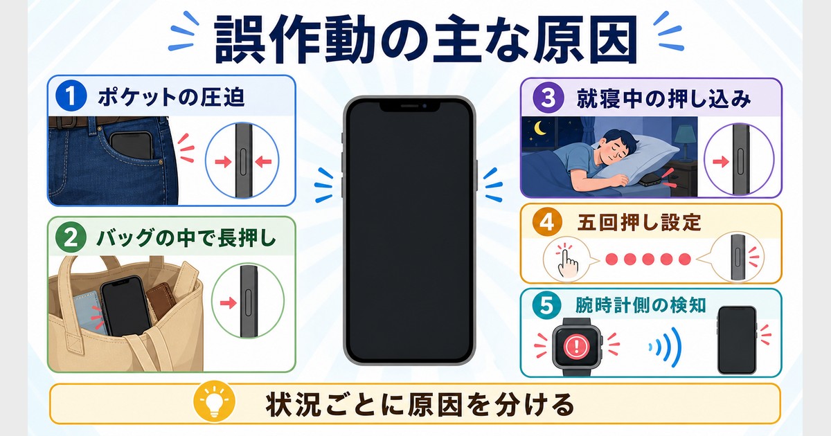 ポケットやバッグでのボタン圧迫、就寝中の長押し、五回押し設定、Apple Watch側の検知を整理した図解