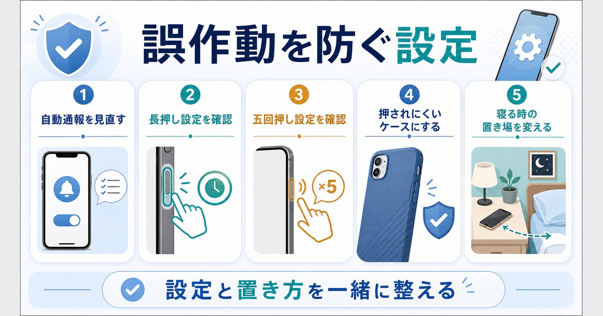 自動通報の見直し、五回押しや長押しの設定確認、ケースや置き場所の工夫を整理した図解