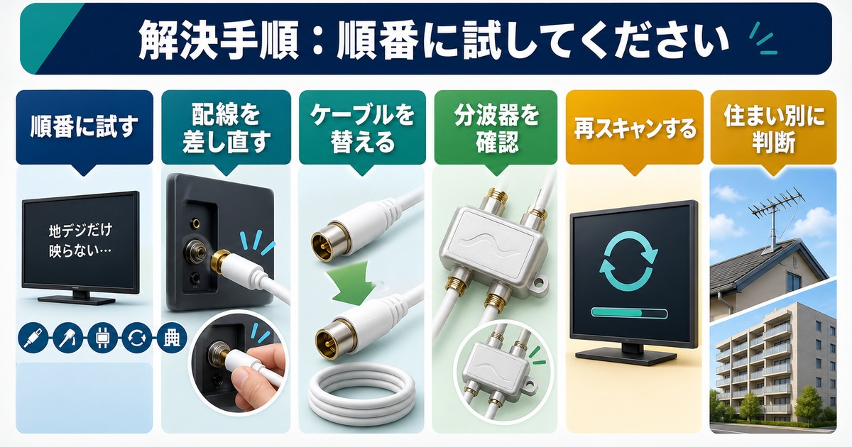配線を差し直す、ケーブルを替える、分波器を確認する、再スキャンする、住まい別に判断する流れの図解