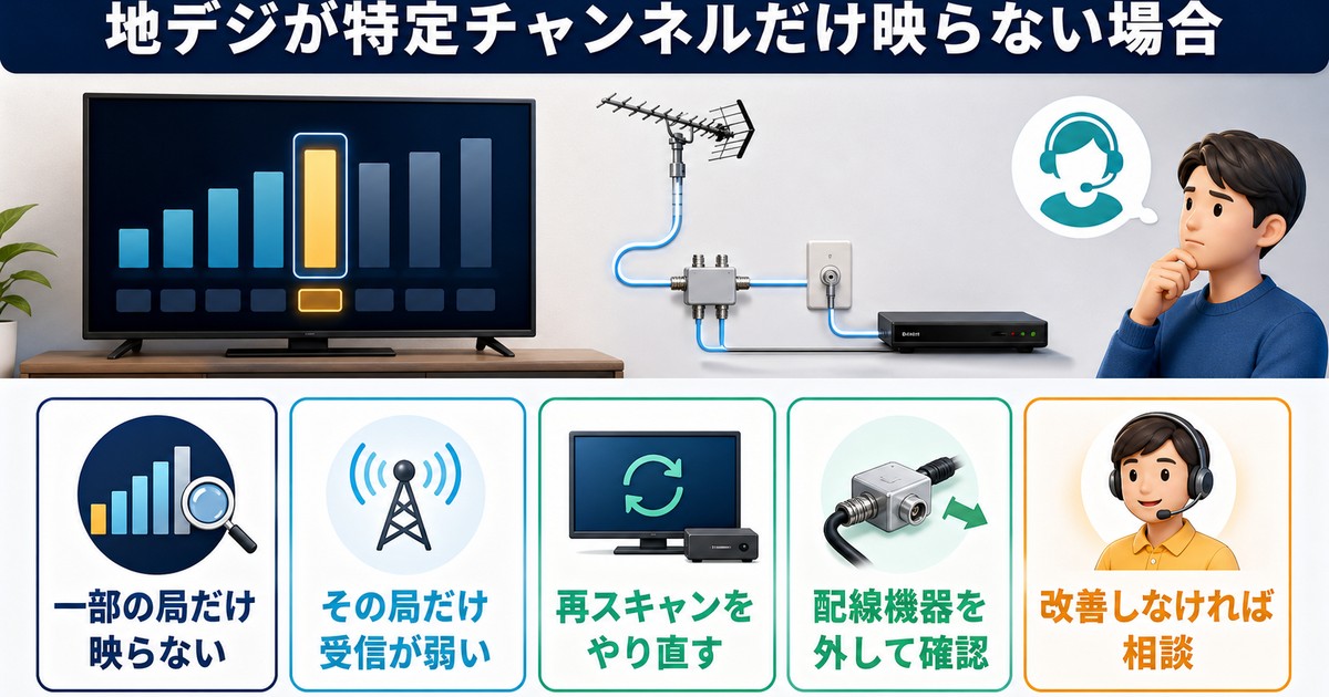 その局だけ受信が弱い、再スキャンをやり直す、配線機器を外して確認する、改善しなければ相談する流れの図解