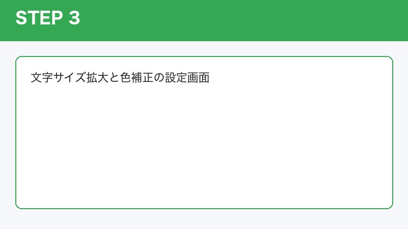 文字サイズ拡大と色補正の設定画面