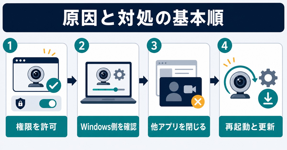 権限を許可、Windows側を確認、他アプリを閉じる、再起動と更新の順で見直す図解