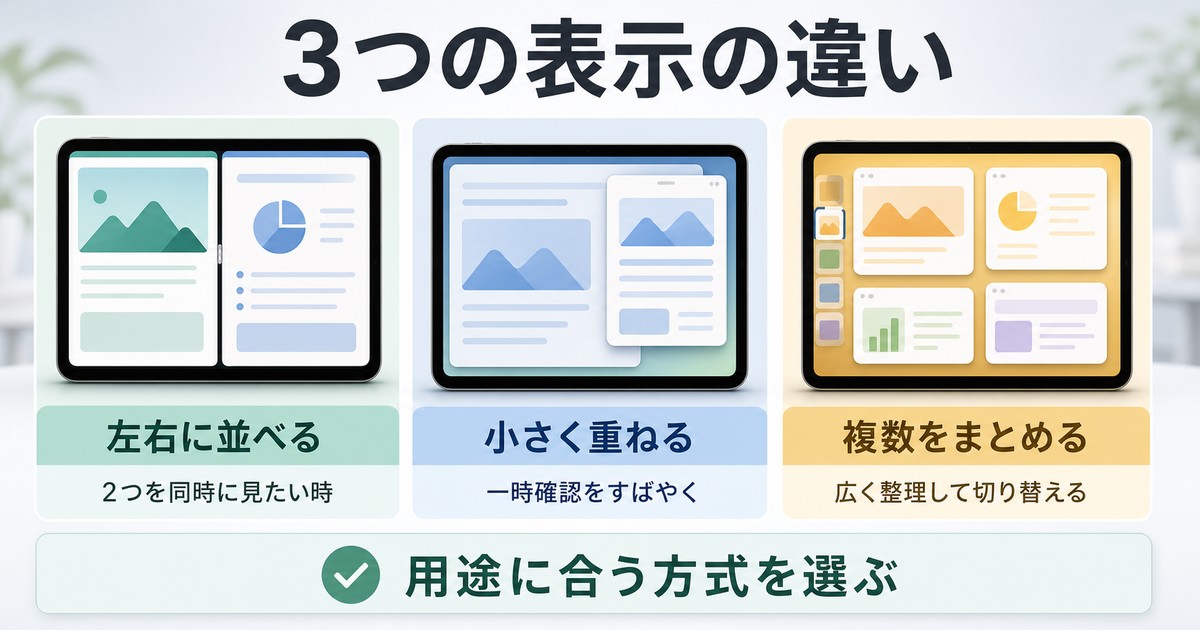 iPadの3つのマルチタスク表示の違いを整理した情報画像