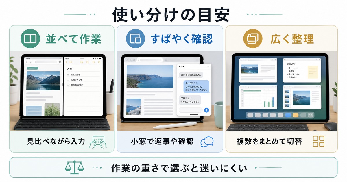 iPadのマルチタスク方式を使い分ける目安をまとめた情報画像