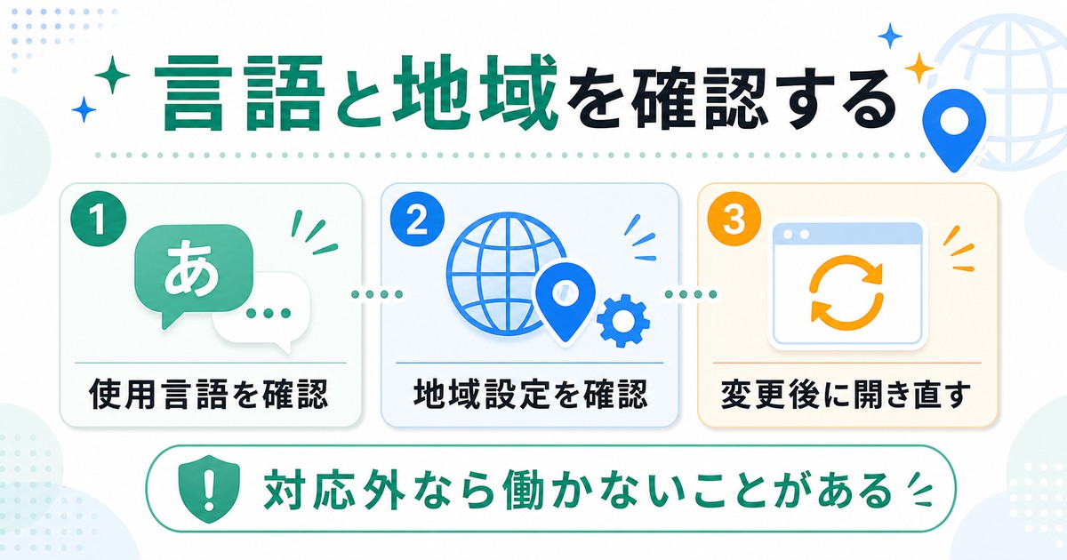 使用言語と地域設定を見直し、変更後に写真アプリを開き直す流れを示した図