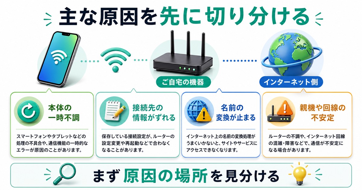 本体の一時不調、接続先情報のずれ、名前変換の停止、親機や回線の不安定を整理した図解