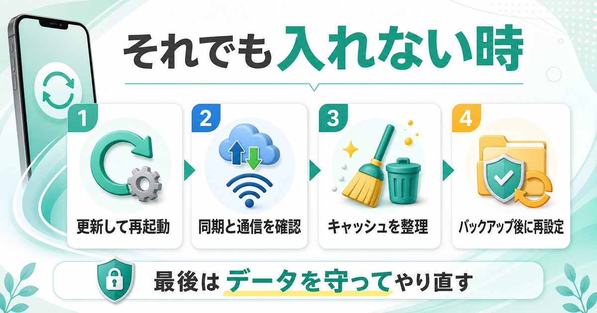 更新と再起動、同期と通信確認、キャッシュ整理、バックアップ後の再設定までの順番を整理した図解