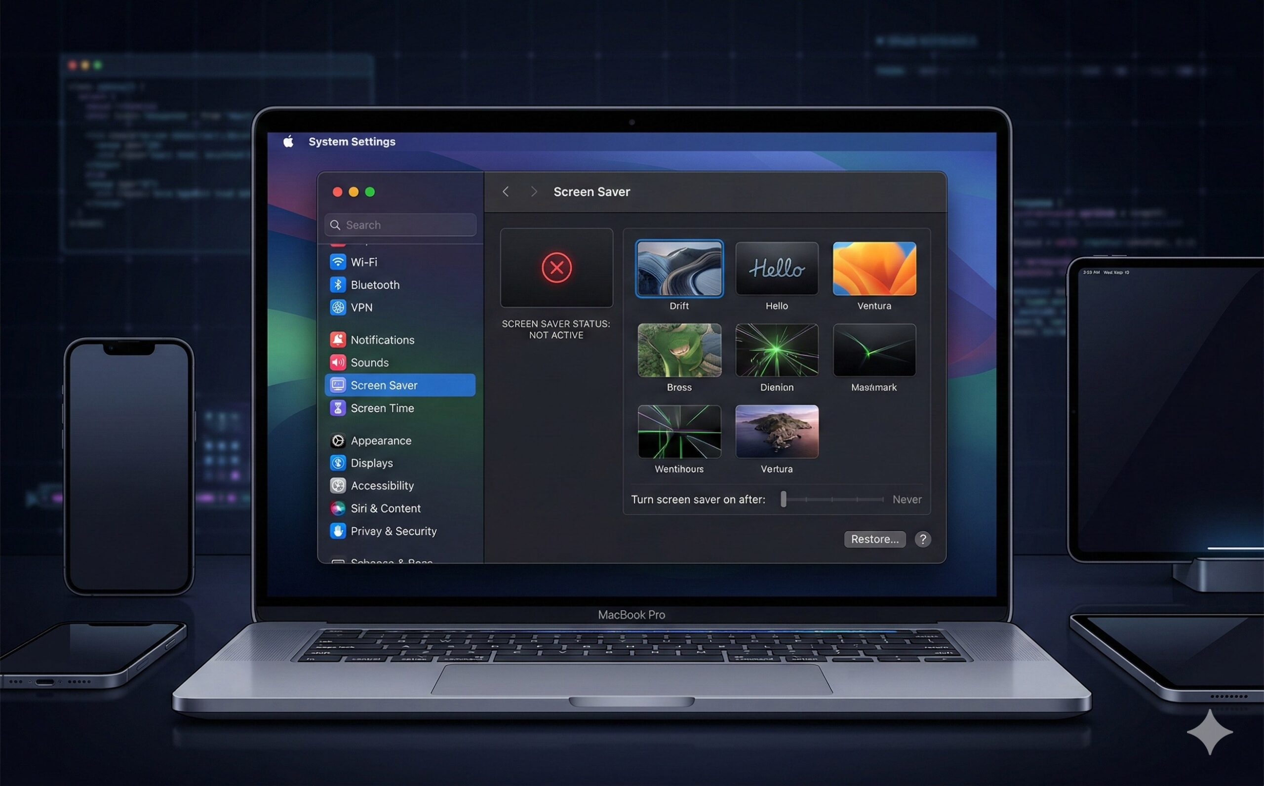 Macのスクリーンセーバー設定画面が表示されているMacBook