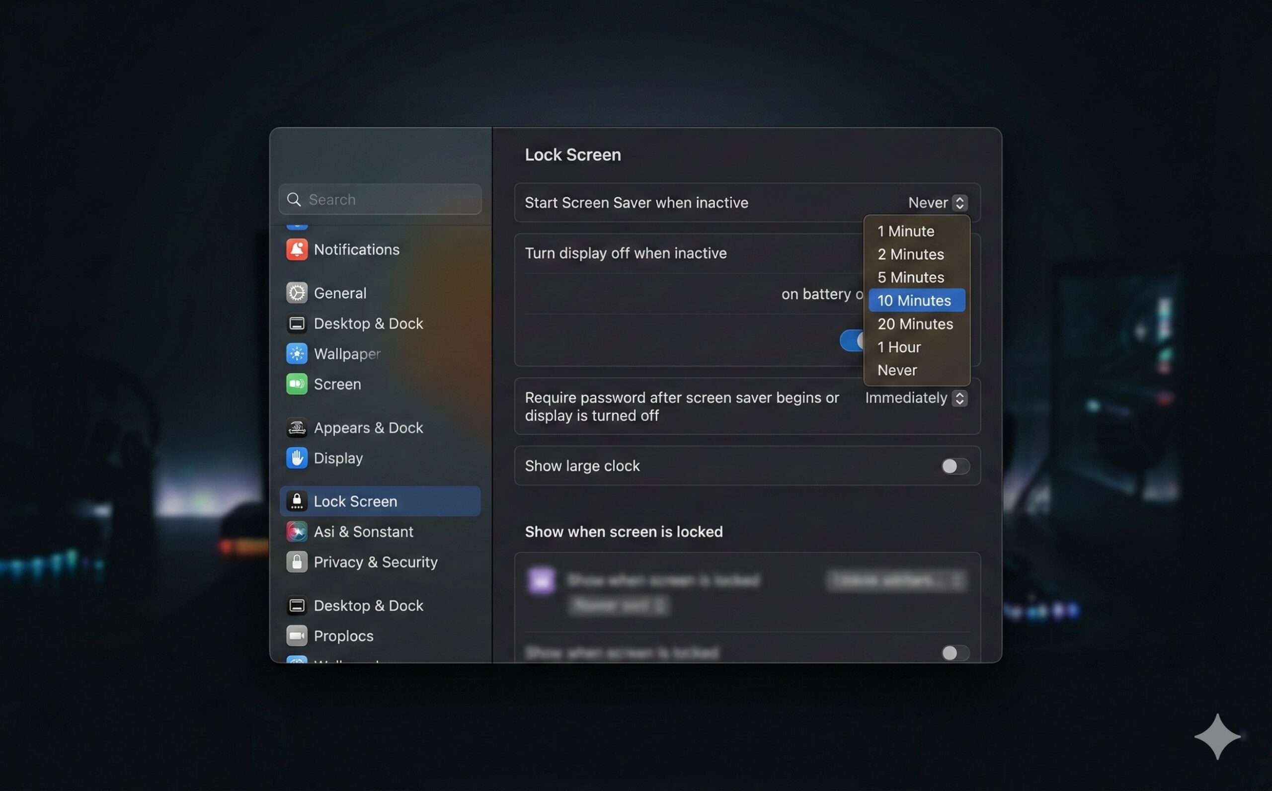 macOSのロック画面設定でスクリーンセーバー開始時間を変更する画面