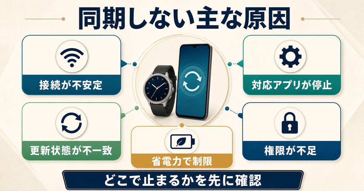 接続不良、対応アプリ停止、更新状態、省電力、権限不足の5分類で同期しない原因を整理した図解