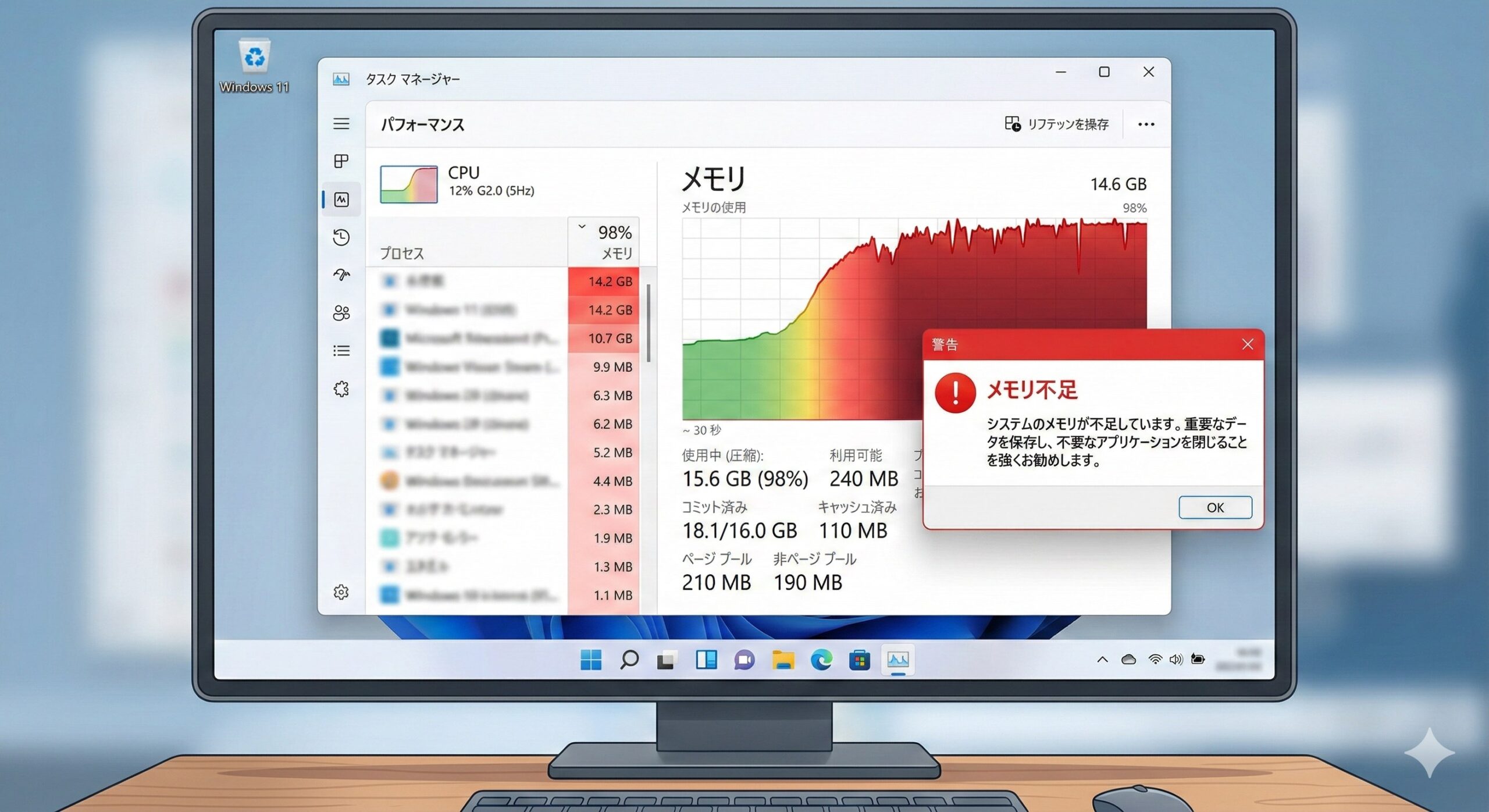 Windowsメモリ不足エラーのタスクマネージャー画面