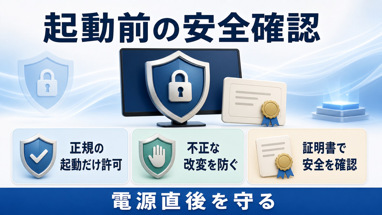 正規の起動と証明書確認の役割を整理した図解