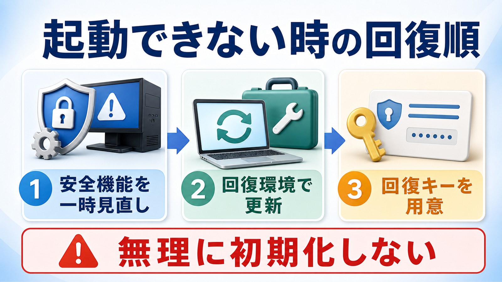 起動不能時の見直し、回復環境、回復キー準備の順を整理した図解