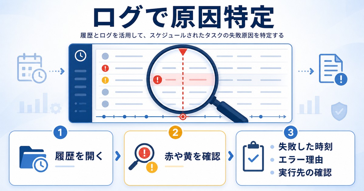 履歴とログで失敗原因を特定する手順をまとめた図解