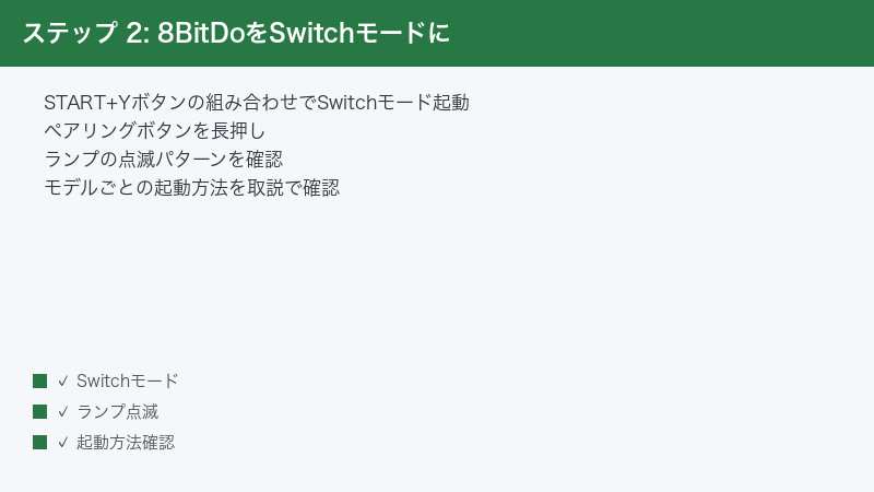 ステップ 2: 8BitDoをSwitchモードに — START+Yボタンの組み合わせでSwitchモード起動・ペアリングボタンを長押し・ランプの点滅パターンを確認