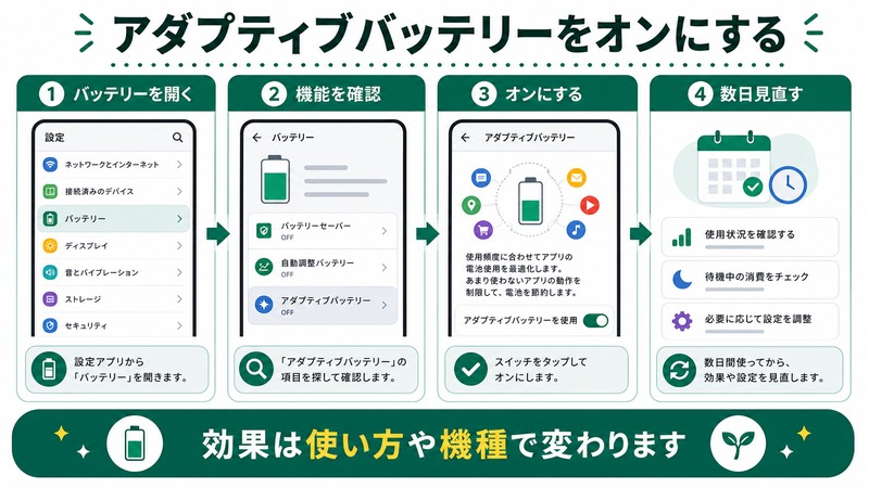 Androidでバッテリー設定を開き、アダプティブバッテリーを確認してオンにし、数日後に見直す日本語図解