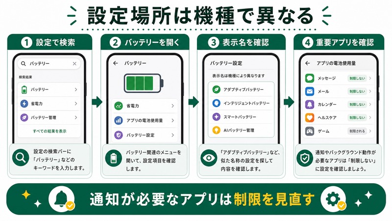 Androidで設定検索、バッテリー設定、表示名確認、重要アプリの制限見直しを行う日本語図解