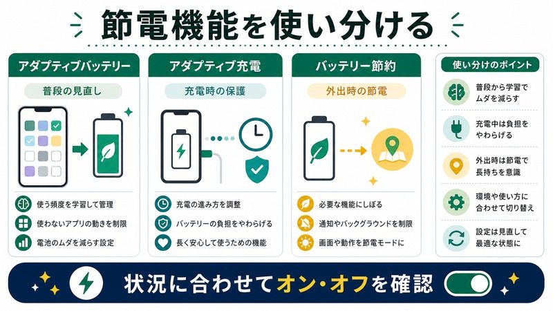 アダプティブバッテリー、アダプティブ充電、バッテリー節約を状況に合わせて使い分ける日本語図解