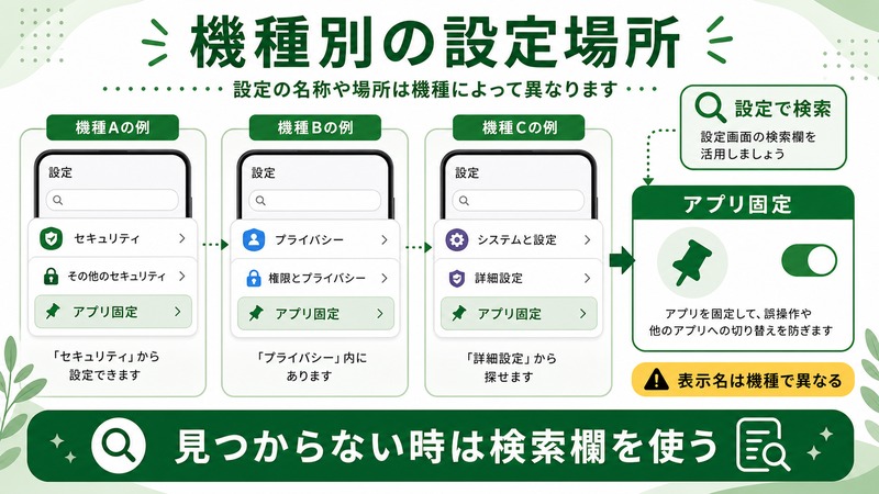 Androidアプリ固定の設定場所が機種で異なるため、設定検索、セキュリティ、プライバシー、アプリ固定を確認する日本語図解