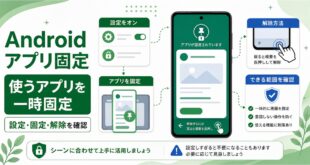 Androidアプリ固定で設定をオンにし、アプリ固定、解除方法、できる範囲を確認する日本語アイキャッチ画像