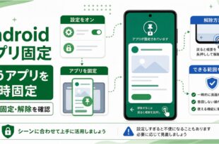 Androidアプリ固定で設定をオンにし、アプリ固定、解除方法、できる範囲を確認する日本語アイキャッチ画像