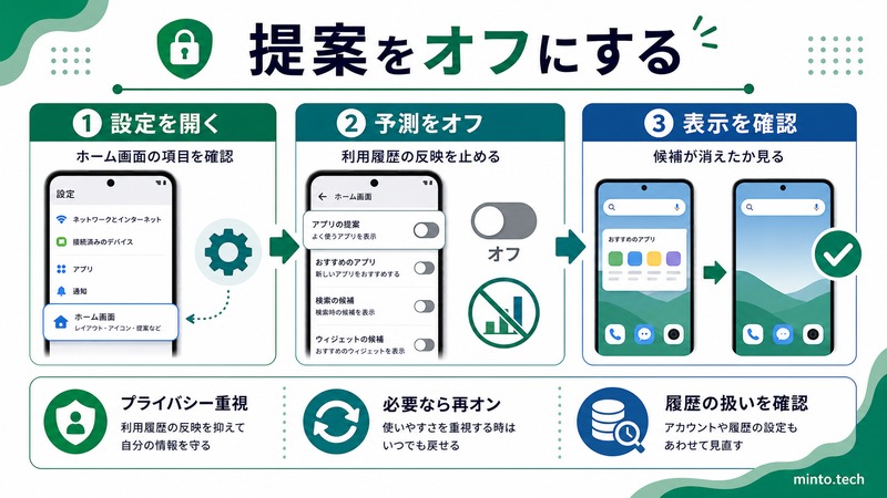 Androidのアプリ提案ウィジェットをオフにして利用履歴の反映や表示の消え方を確認する流れをまとめた日本語画像