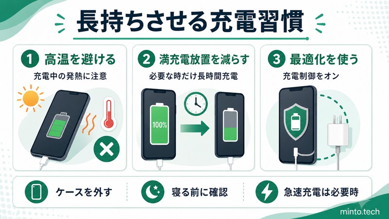 Androidのバッテリーを長持ちさせるために高温を避け満充電放置を減らし充電最適化を使う習慣をまとめた日本語画像